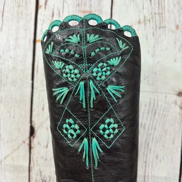 BCBG MAX AZRIA distressed Black leather blue raffia embroidery tall Boots 7 GUC